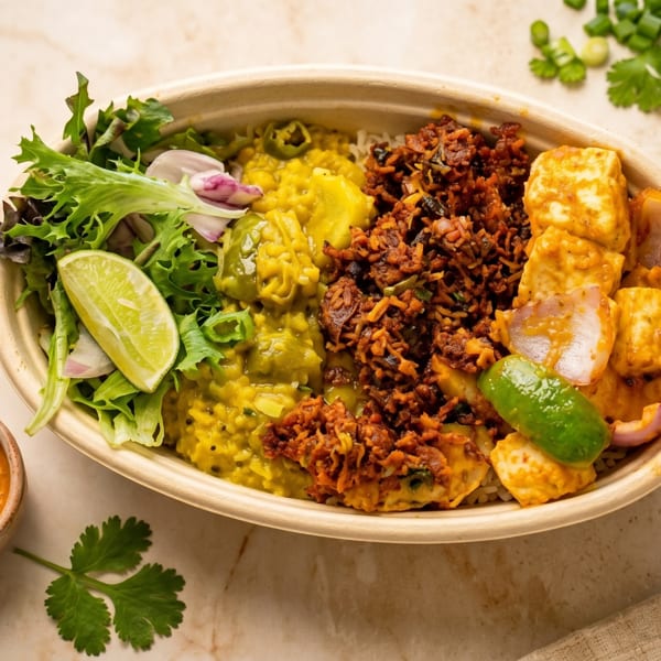 A colorful Indian food bowl with dal, paneer, and a side of sauce on a marble surface.