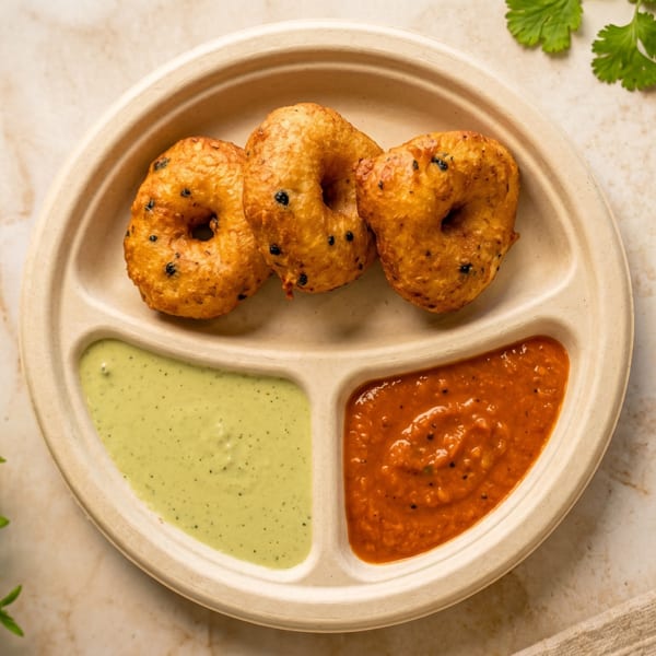 Three golden-brown medu vada on a segmented plate with green and red chutneys, garnished with herbs and onions.