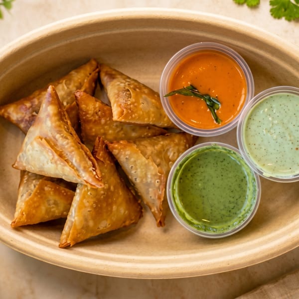 Crispy samosas in an oval bowl with three dipping sauces: orange, light green, and dark green.