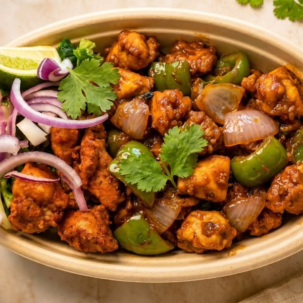Chili chicken with bell peppers, onions, cilantro, and lime in an eco-friendly bowl.