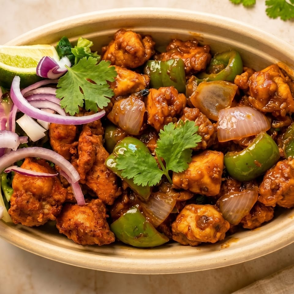 Chili chicken with bell peppers, onions, cilantro, and lime in an eco-friendly bowl.