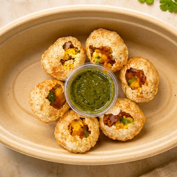 Six pani puri shells filled with potato and chickpea, surrounding a cup of green chutney in a bowl.